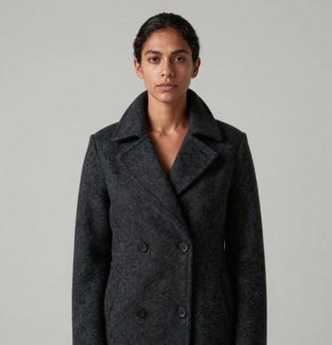 A central portrait of a person wearing a structured dark charcoal coat, posed against a clean light grey background. The mood is serene and professional. South American / Brazilian context, minimal styling.