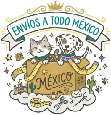 Ilustración de un gato y un perro en una caja con el banner "Envíos a todo México"