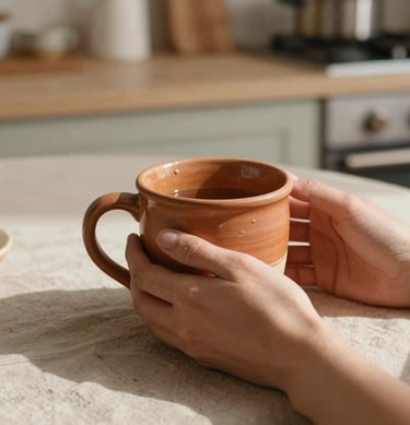 Detail of hands holding a terracotta ceramic mug in a sun-drenched North American / US kitchen. Soft sand colored tablecloth.