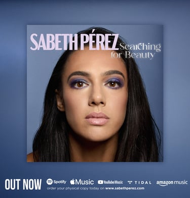 Sabeth Pérez Searching for Beauty jazz album cover art featuring a close-up portrait of the artist.