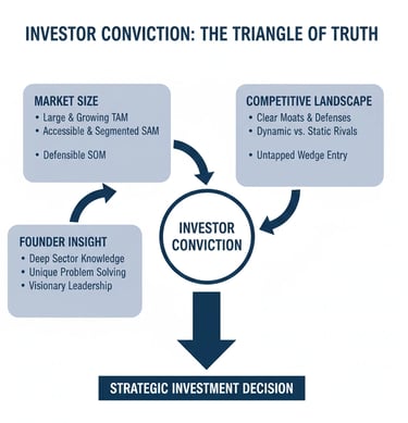 Diagram showing how market size, competition, and founder insight combine to create investor convict