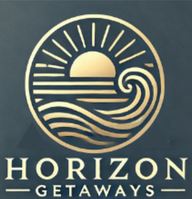 Gold Horizon Getaways logo featuring a circular sun and ocean wave icon on a dark background.