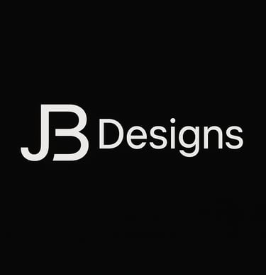 JB Designs minimalist white logo on a black background for professional branding.