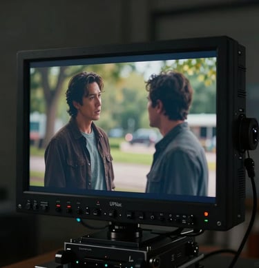 High-end production monitor showing a vibrant cinematic scene, set in a professional North American / US film studio, deep obsidian black frame, moody lighting.