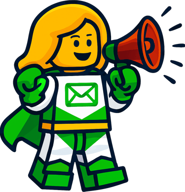 A blonde superhero minifigure in green and white armor shouting into a megaphone for email marketing.