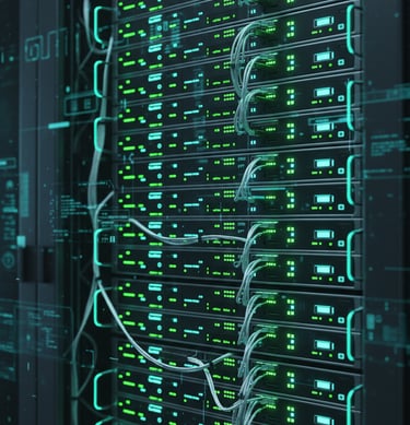 Intricate server rack glowing with green and cyan activity indicators.