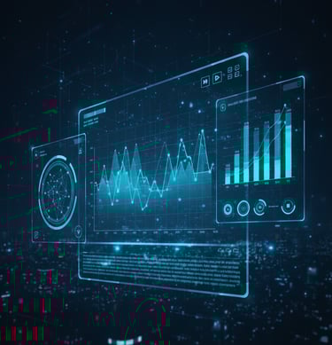Abstract digital UI interface with various glowing blue charts and data visuals.