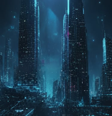 Futuristic vertical skyscraper structures with cyan accents.