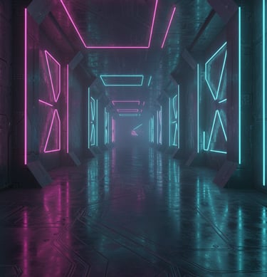 A digital hallway with magenta and cyan neon lights reflecting on the floor.