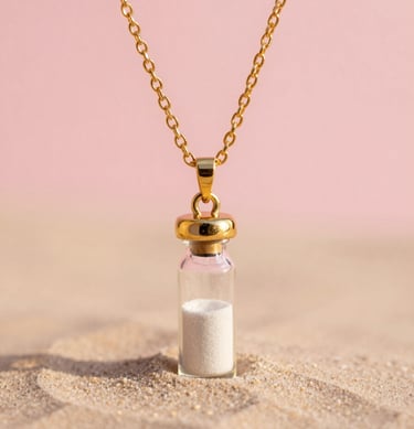 Macro portrait photography of a delicate customized gold necklace with a tiny glass vial containing white desert sand, styled on a warm pastel pink background under natural golden-hour light.