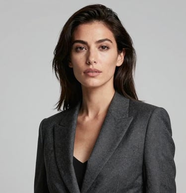 A professional portrait of a woman with a confident expression, styled in a minimalist dark gray blazer, against a clean light gray background, North American / US.