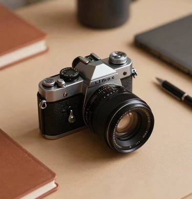 Spontaneous shot of a photographer's desk with a vintage camera, sand-colored surfaces, warm terracotta and charcoal stationery, cinematic lighting.