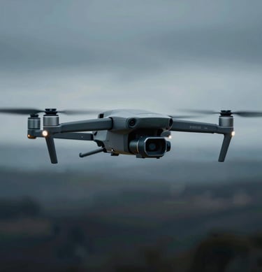 A sleek, high-end professional drone hovering in mid-air over a dark, moody landscape. Cutting-edge, sophisticated. Incorporating #1B263B, #415A77, #A0B0C0, #E0E1DD.