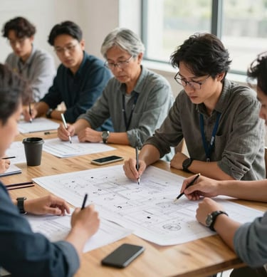 A medium-wide environmental shot of a community-led planning session, local partners in active roles reviewing blueprints on a wooden table, natural bright daylight.