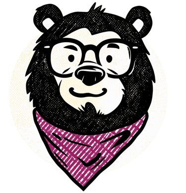 Illustration of a bear with a friendly grin, wearing glasses and a bandana around his neck.