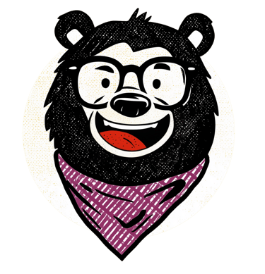 Illustration of a bear wearing glasses and a bandana around his neck. He has an open mouth smile.