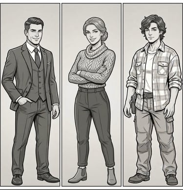 3 black-and-white image of 3 individuals standing: a man in a suit, a woman in turtleneck, a non-binary person in shirt 