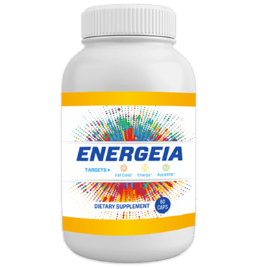 White bottle of ENERGEIA dietary supplement capsules for energy and appetite support.