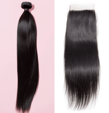 A side-by-side image displaying an example of the Natural Brown Straight Bundle & Closure Deals.