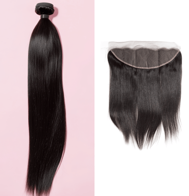A side-by-side image displaying an example of the Natural Brown Straight Bundle & Frontal Deals.