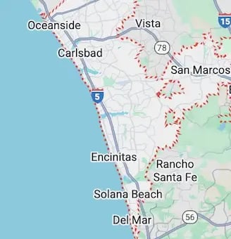 Google map of North San Diego County, MoldWarden service area