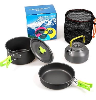 Portable camping cookware set with non-stick frying pan, pot, tea kettle, and mesh storage bag.