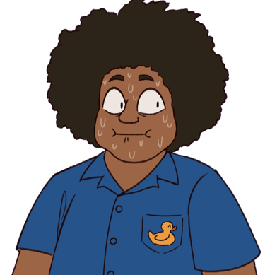 A drawing of David looking to one side, eyes wide and nervously sweating