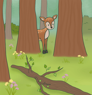 Illustrated forest seen with wildflowers and deer