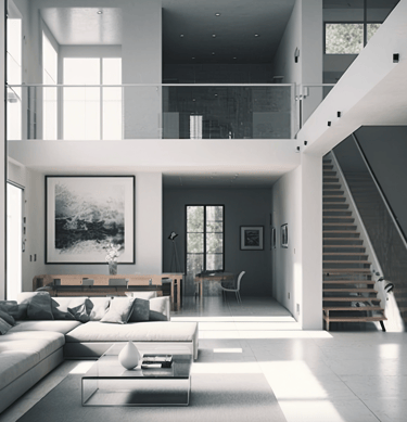Open-plan living area in a modern apartment with large windows, grey sofa, dining table, and stairs
