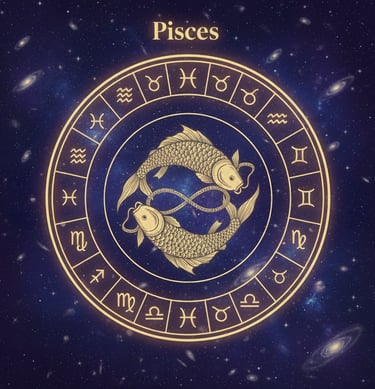a zodiac sign with a gold fish in the middle of a circle