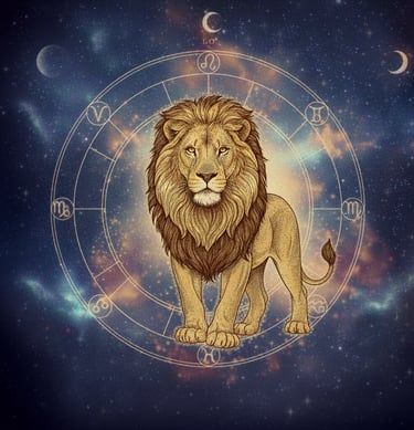 a lion in a circle with a clock on it