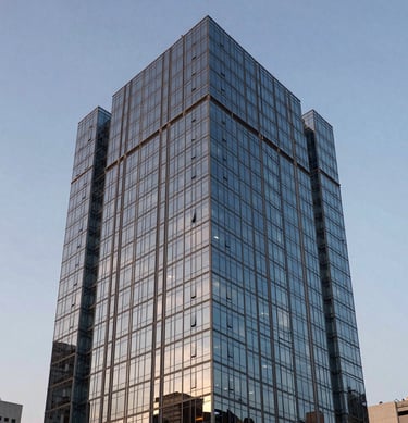 An architectural shot of a modern glass skyscraper in São Paulo, Brazil, reflecting a soft pale blue sky during twilight, conveying professional elegance and forward-thinking.