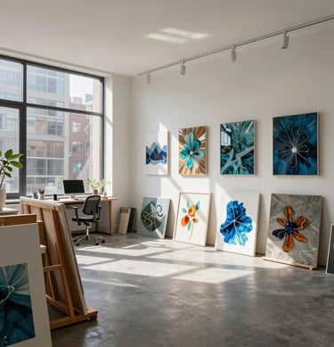 A wide shot of an elegant, modern art studio in an International / Global city, with sunlight streaming across canvases and finished resin art.