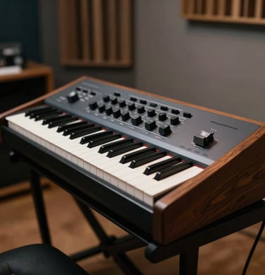 A professional analog synthesizer with wooden side panels in a dimly lit studio, soft warm grey and deep brown tones, sophisticated atmosphere.