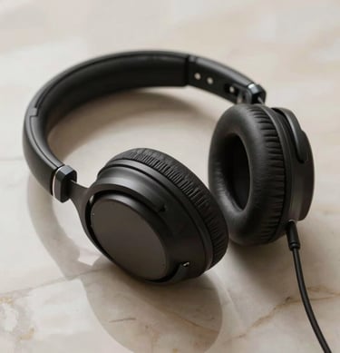 High-end studio headphones resting on a marble surface, reflection of warm muted clay light, premium artistic feel.