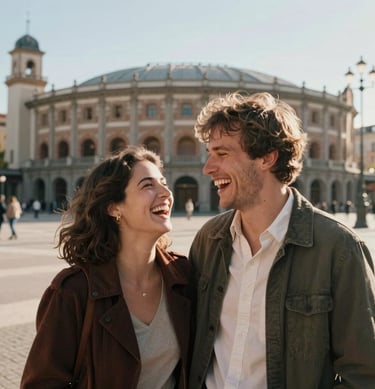 Cinematic photography of a couple laughing together in a sun-drenched Madrid plaza, authentic emotions, warm arena color palette.