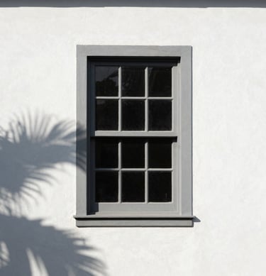 Minimalist facade detail, white plastered wall, storm gray window frame, tropical leaf shadow, bright Brazilian sun.