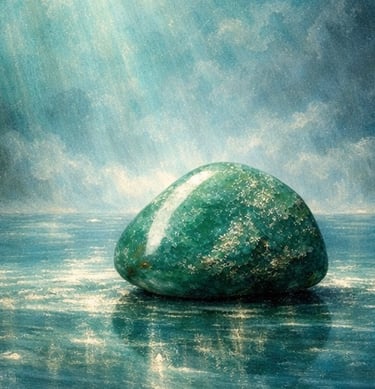 Piedra verde pulida sobre agua como símbolo de materialidad visual.