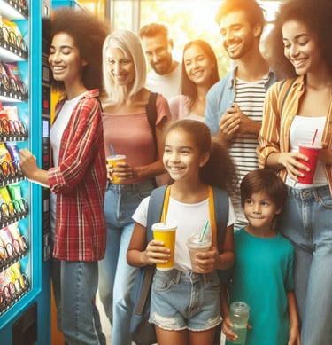a group of people standing around a vending machine