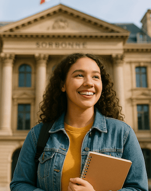 a woman in a denim jacket and jeans jacket holding a notebook in front of the sorbonne in paris
