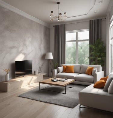 A modern interior space featuring a polished stone floor and wooden walls illuminated by warm, recessed lighting. A grid-like ceiling structure adds architectural interest, and an exterior view of trees is partially visible through glass doors or windows.