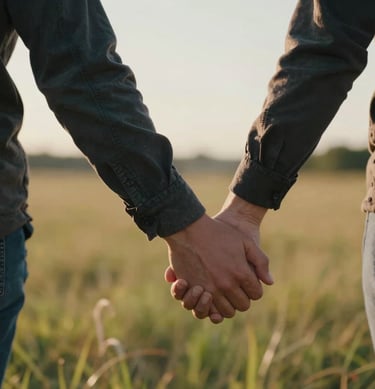 Close-up of two people holding hands during a walk in a North American / US meadow, cinematic golden hour lighting, soft focus on a charcoal colored sleeve.