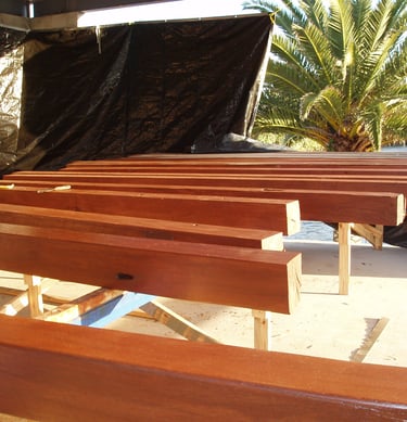 Riverpoint Residence timber staining process showing recycled and reclaimed timber, finished timber 