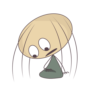 A minimalist cartoon character with a large oval head and wide eyes looking down in a sad expression.