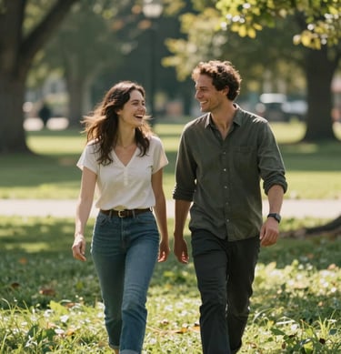 A couple laughing while walking in a sun-drenched North American park, candid movement, cinematic depth of field.