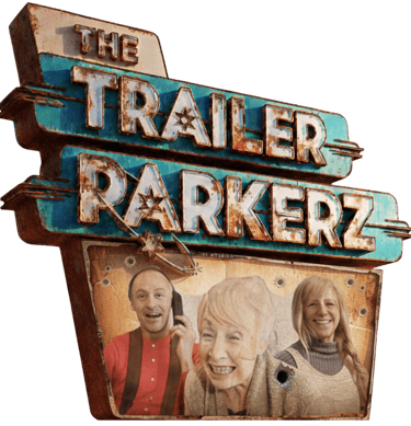 The Trailer Parkerz logo featuring three smiling actors under a rusty vintage neon sign.