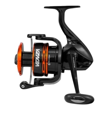 molinete venza 5000 preto com laranja robusto para pesca peixes grandes.