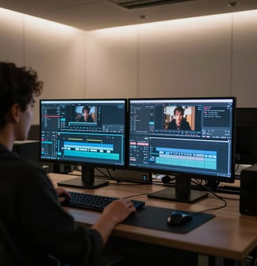 A professional film editing suite in North America. A person is silhouetted against glowing dual monitors displaying complex cinematic timelines. The room is dark with sophisticated off-white accents from soft ambient lighting.