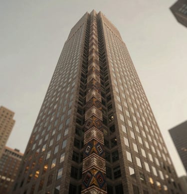 An artistic low-angle shot of a skyscraper in NYC merging into a traditional Nigerian pattern, blending both worlds in #8D765D and #3D2C20 tones.