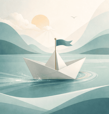 Minimalist illustration of a white paper boat floating on calm blue water with rolling hills and a sun.